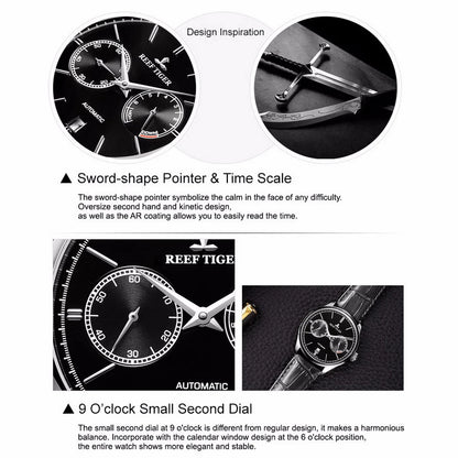 リーフ タイガー メンズ 自動巻き腕時計 高級男性用機械式腕時計 防水 サファイア パワーリザーブ レザーストラップ 日付表示 RGA1620
