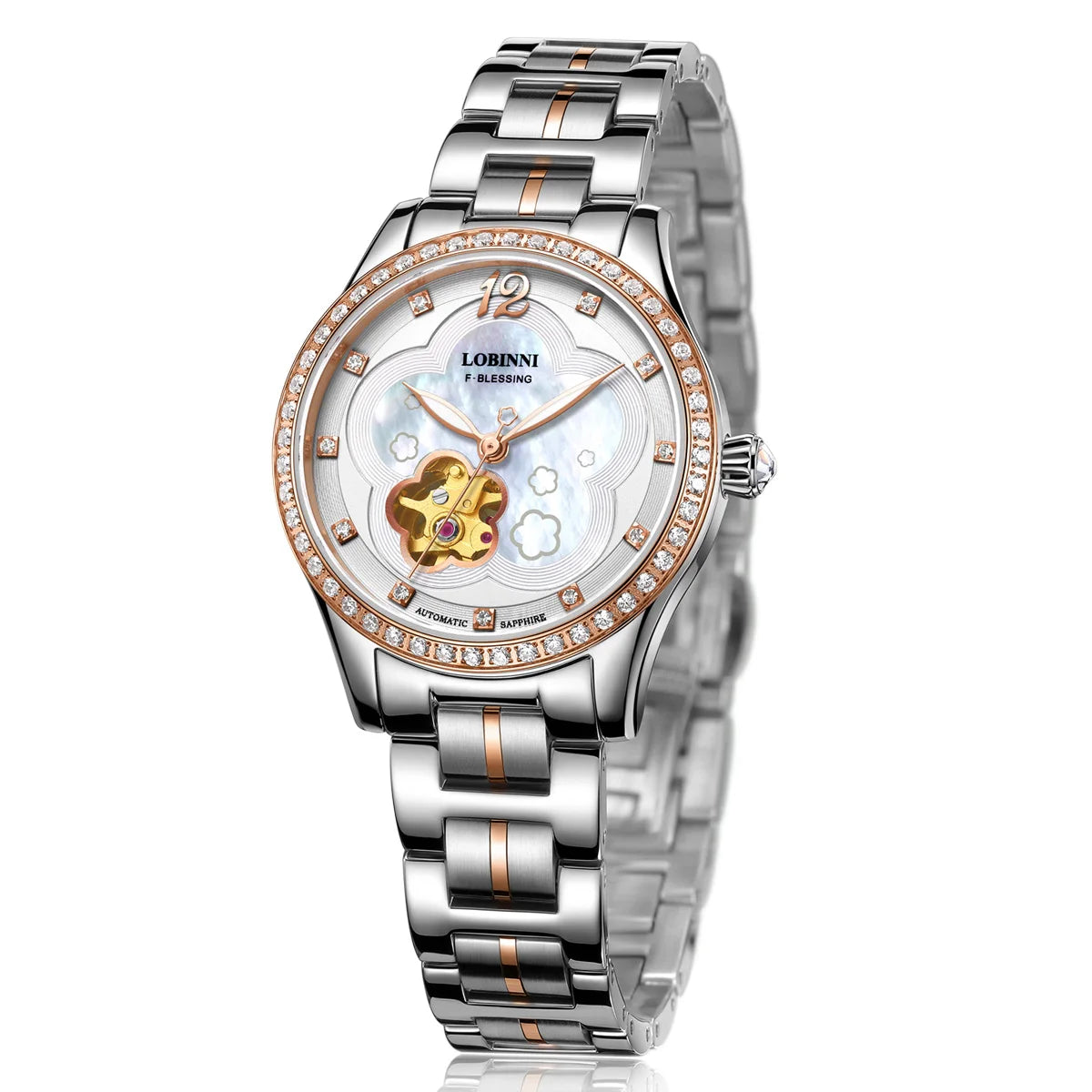 LOBINNI Women Automatic Watch Luxury Ladies Mechanical Wristwatch Waterproof Sapphire Skeleton Dial Female Clock Pearl Dial