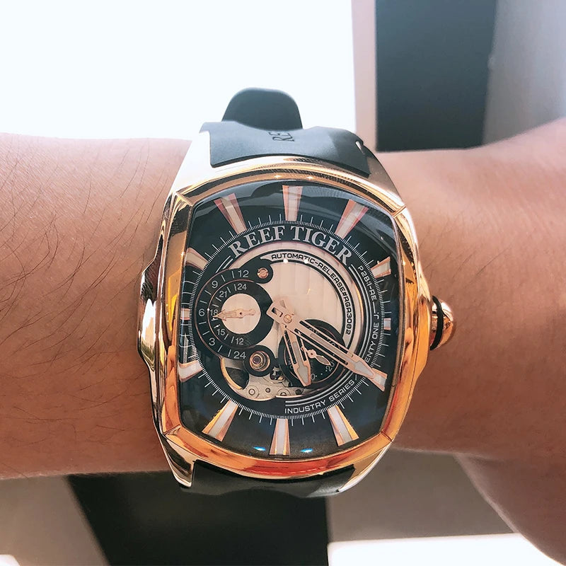 Reef Tiger/RT New Arrival Sports Rose Gold Case Blue Dial Rubber Strap Automatic Watch RGA3069S