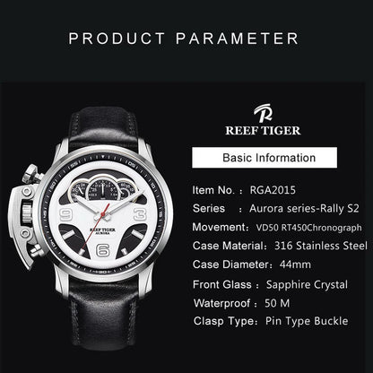 Reef Tiger Mens Chronograph Watches Fashion Sport Quartz Wristwatch Waterproof Leather Strap Sapphire Dashboard Dial RGA2105