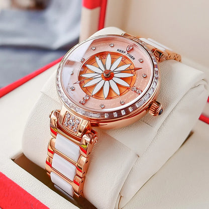 Reef Tiger/RT Luxury Lily Women Watch Rose Gold Diamonds Bezel  Top Brand Bracelet Clocks Relogio Feminino RGA1599