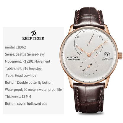 Reef Tiger-relojes automáticos para hombre, reloj de pulsera mecánico ultrafino de lujo, espejo de burbuja, correa de cuero de reserva de energía RGA82B0