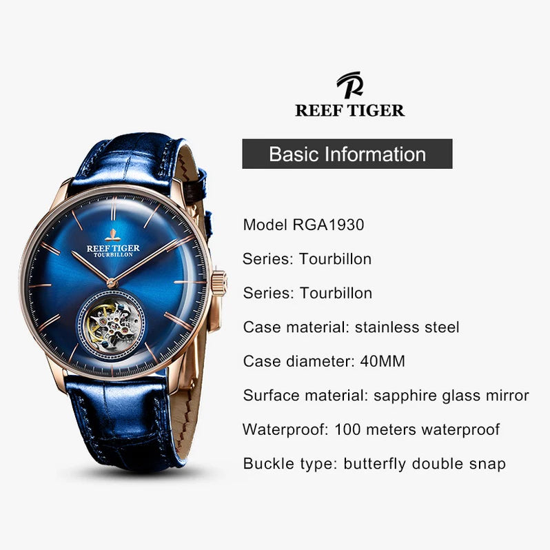 Reef Tiger Mens Tourbillon Watches Luxury Male Automatic Wristwatches Waterproof Skeleton Dial Leather Strap Sapphire RGA1930