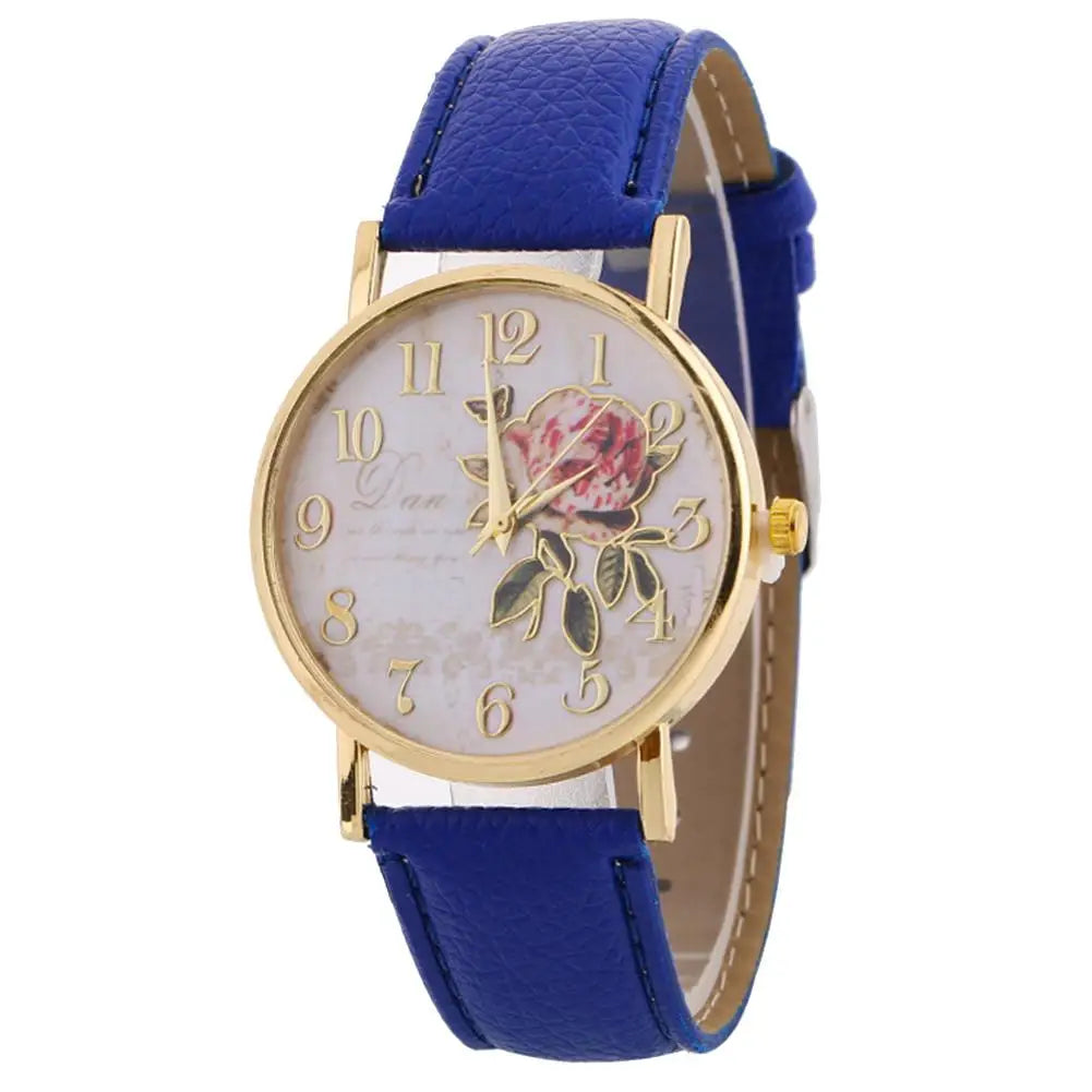 Reloj de pulsera de cuarzo con flor rosa y diámetro redondo para mujer, relojes elegantes con banda de piel sintética, número árabe, regalo de Navidad