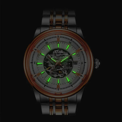 HANBORO Men Automatic Watch Luxury Male Watches Business Mechanical Wristwatches Waterproof Steel Strap Skeleton Dial