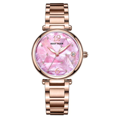 Reef Tiger/RT nuevo diseño de lujo de acero inoxidable esfera rosa relojes automáticos mujeres reloj de tira de acero oro rosa RGA1584