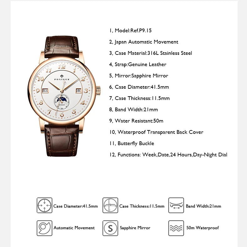 PONIGER メンズ自動巻き腕時計 高級メンズ腕時計 ドレス機械式腕時計 サファイア ファッション レザーストラップ 曜日表示 24時間