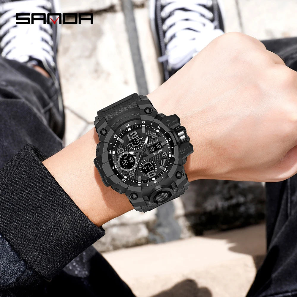 SANDA-reloj deportivo militar para hombre, pulsera de cuarzo con pantalla Dual resistente al agua, cronómetro Masculino, 2021