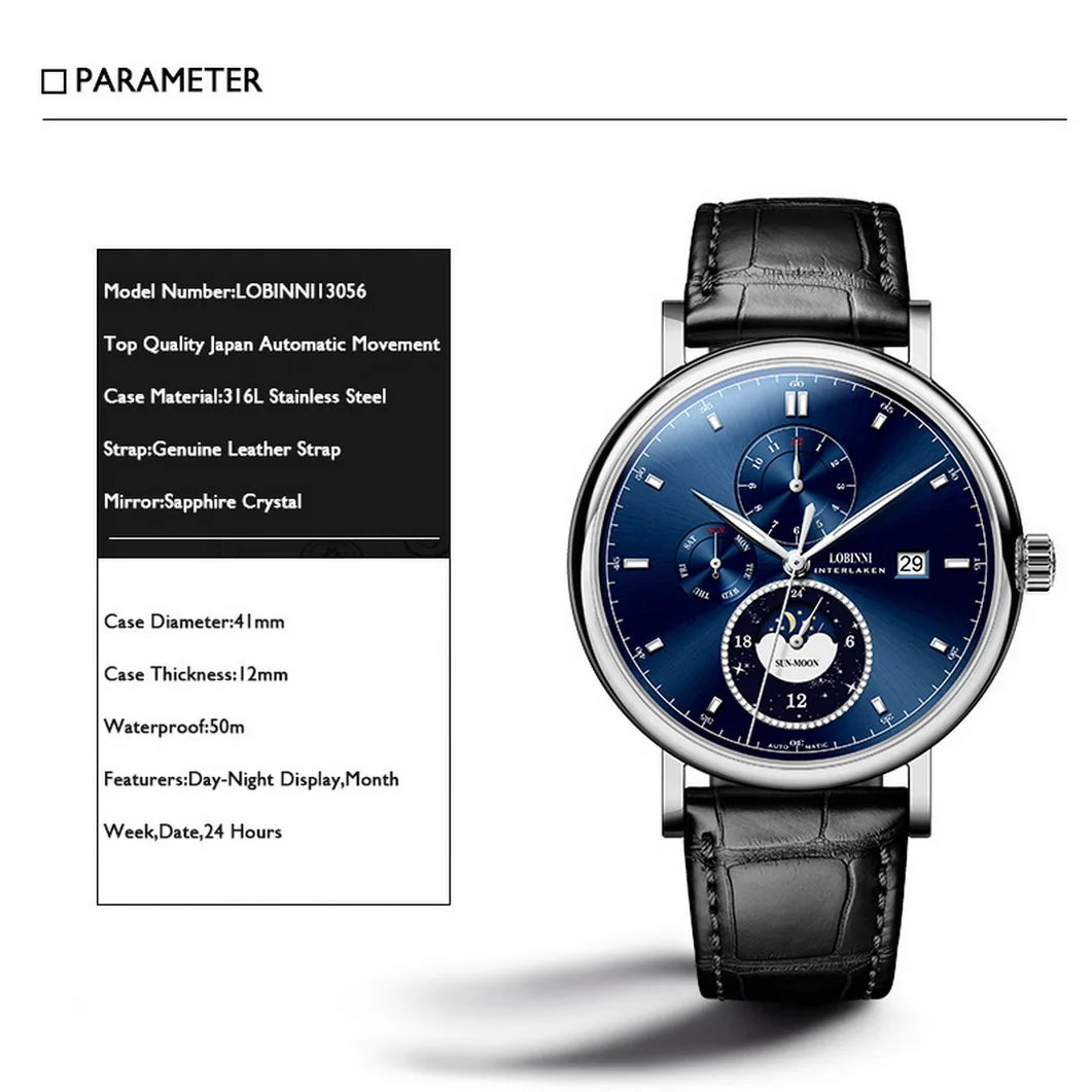 Reloj Automático LOBINNI para hombre, relojes de lujo para hombre, reloj de pulsera mecánico, cristal de zafiro de negocios, mes, semana, fecha, 24 horas