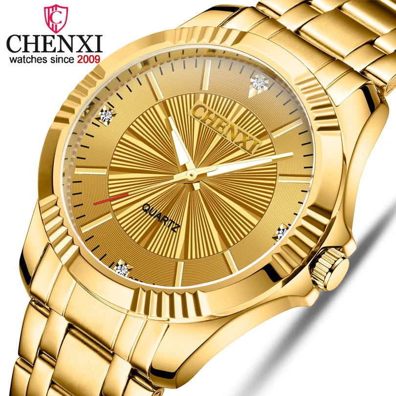 CHENXI Marca Clásico Delicado Diamante de Imitación Pareja Amante Relojes Moda de Lujo Oro Acero Inoxidable Hombres y Mujeres Reloj Orologi Coppia