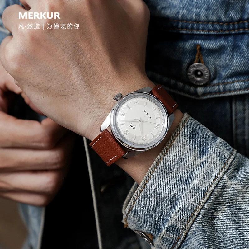 Relojes MERKUR Retro para hombre, reloj de lujo para hombre, reloj de pulsera mecánico de viento Manual de 38mm, reloj de pulsera clásico resistente al agua hasta 50M, Estrella Roja