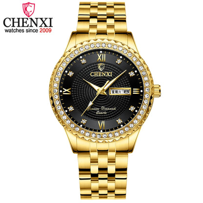 CHENXI Luxury Rhinestone Golden Stainless Steel Watch Men Business Quartz Clock Waterproof Wrist Watches Relogio Masculino