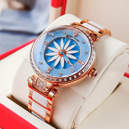 Reef Tiger/RT Fashion Lily Women Watch Rose Gold Diamonds Bezel Lady Automatic Watches Relogio Feminino RGA1599