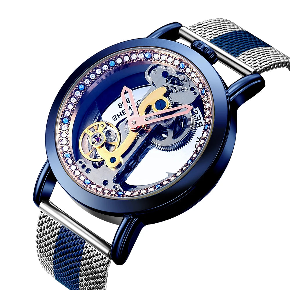 Relojes mecánicos clásicos con correa de malla para mujer, esfera grande, esqueleto transparente, relojes automáticos de lujo con diamantes a la moda para mujer