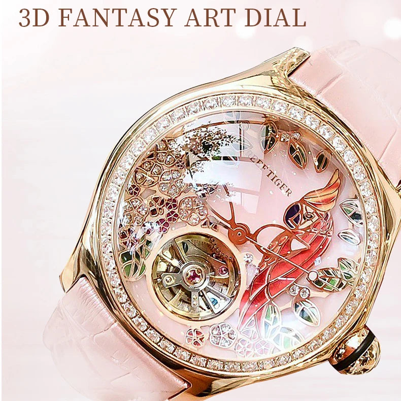 Reef Tiger Women Automatic Watches Luxury Ladies Fashion Watch Mechanical Wristwatch Bubble Mirror Skeleton 3D Art Dial RGA7105