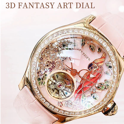 Reef Tiger Women Automatic Watches Luxury Ladies Fashion Watch Mechanical Wristwatch Bubble Mirror Skeleton 3D Art Dial RGA7105