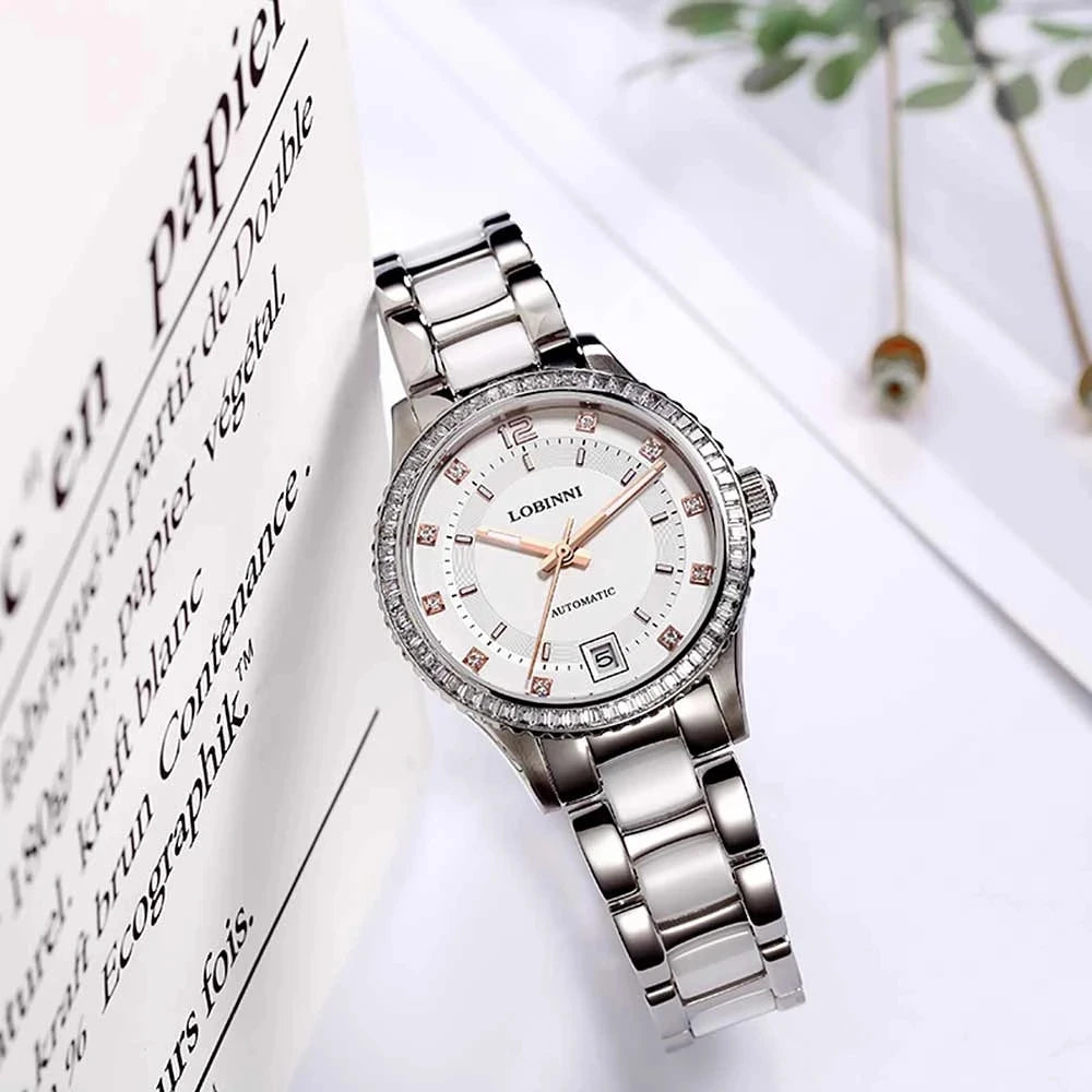 Reloj Automático LOBINNI para mujer, reloj de pulsera mecánico de lujo para mujer, reloj femenino de zafiro resistente al agua, correa de acero de cristal austriaco