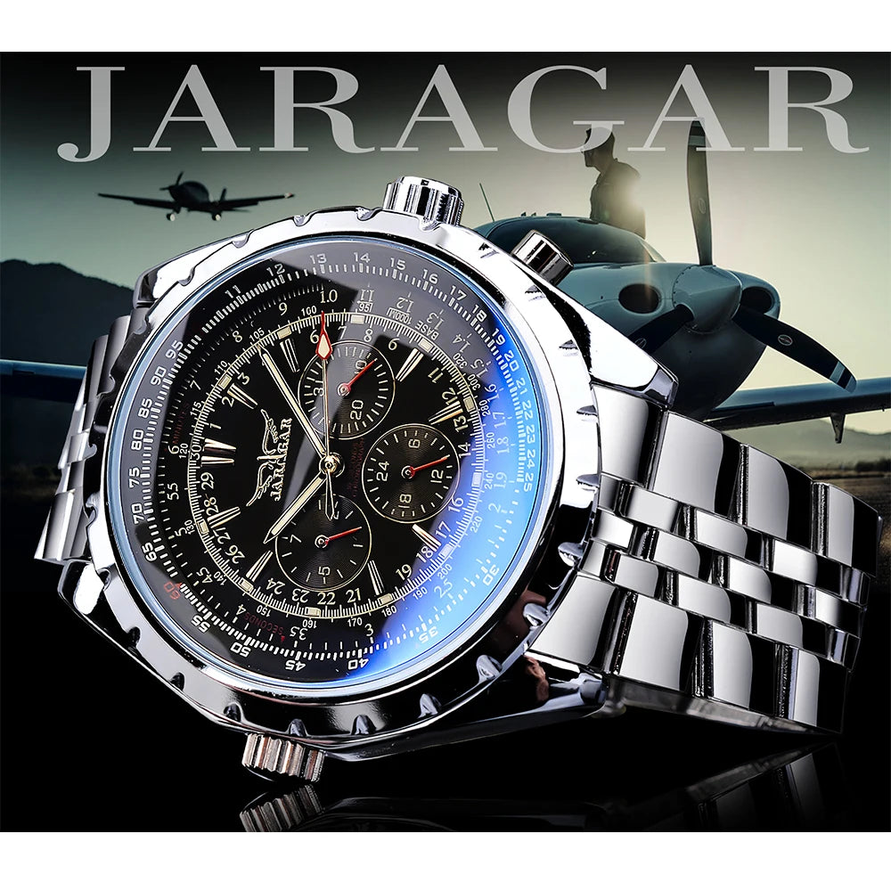 Jaragar, reloj automático de acero inoxidable con diseño de cristal azul, negro y plateado, reloj luminoso con fecha, reloj de pulsera mecánico de negocios para hombre