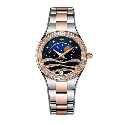 Reef Tiger Women Luxury Watches Moonphase Ladies Dress Quartz Wristwatch Fashion Lady Watch Diamond Sapphire Steel Strap RGA1524