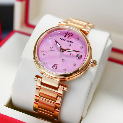 Reef Tiger/RT nuevo diseño de lujo de acero inoxidable esfera rosa relojes automáticos mujeres reloj de tira de acero oro rosa RGA1584