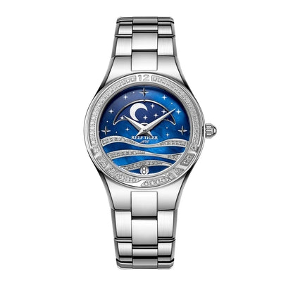 Reef Tiger Women Luxury Watches Moonphase Ladies Dress Quartz Wristwatch Fashion Lady Watch Diamond Sapphire Steel Strap RGA1524