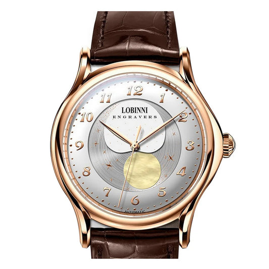 LOBINNI Mens Automatic Watches Men Moon Phase Watch Top Luxury Brand Mechanical Wristwatch Waterproof Sapphire Leather Strap