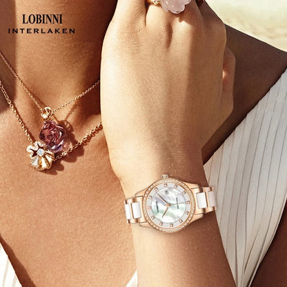 LOBINNI Women Quartz Watch Luxury Ladies Wristwatch Fashion Waterproof Sapphire Mirror Auto Date Austria Crystal Pearl Dial