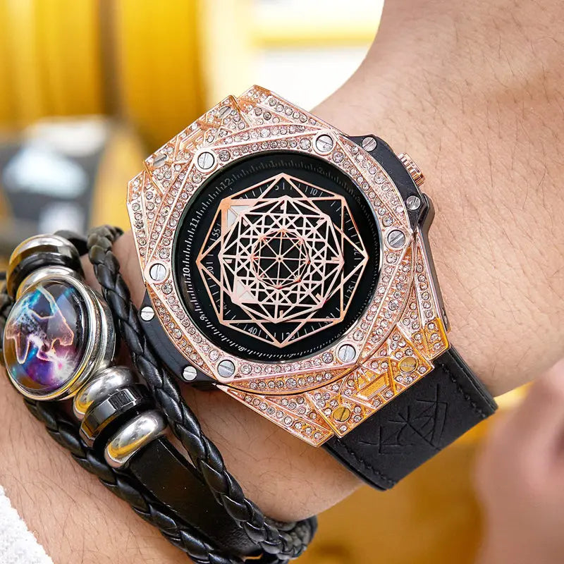 Top Luxury Brand Watch for Men Big Diamond Leather Analog fashion gold Watches Quartz Wristwatch Relogio Masculino