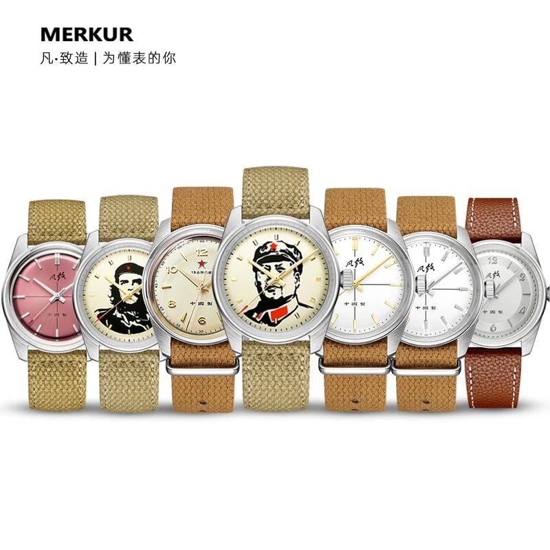 Relojes MERKUR Retro para hombre, reloj de lujo para hombre, reloj de pulsera mecánico de viento Manual de 38mm, reloj de pulsera clásico resistente al agua hasta 50M, Estrella Roja