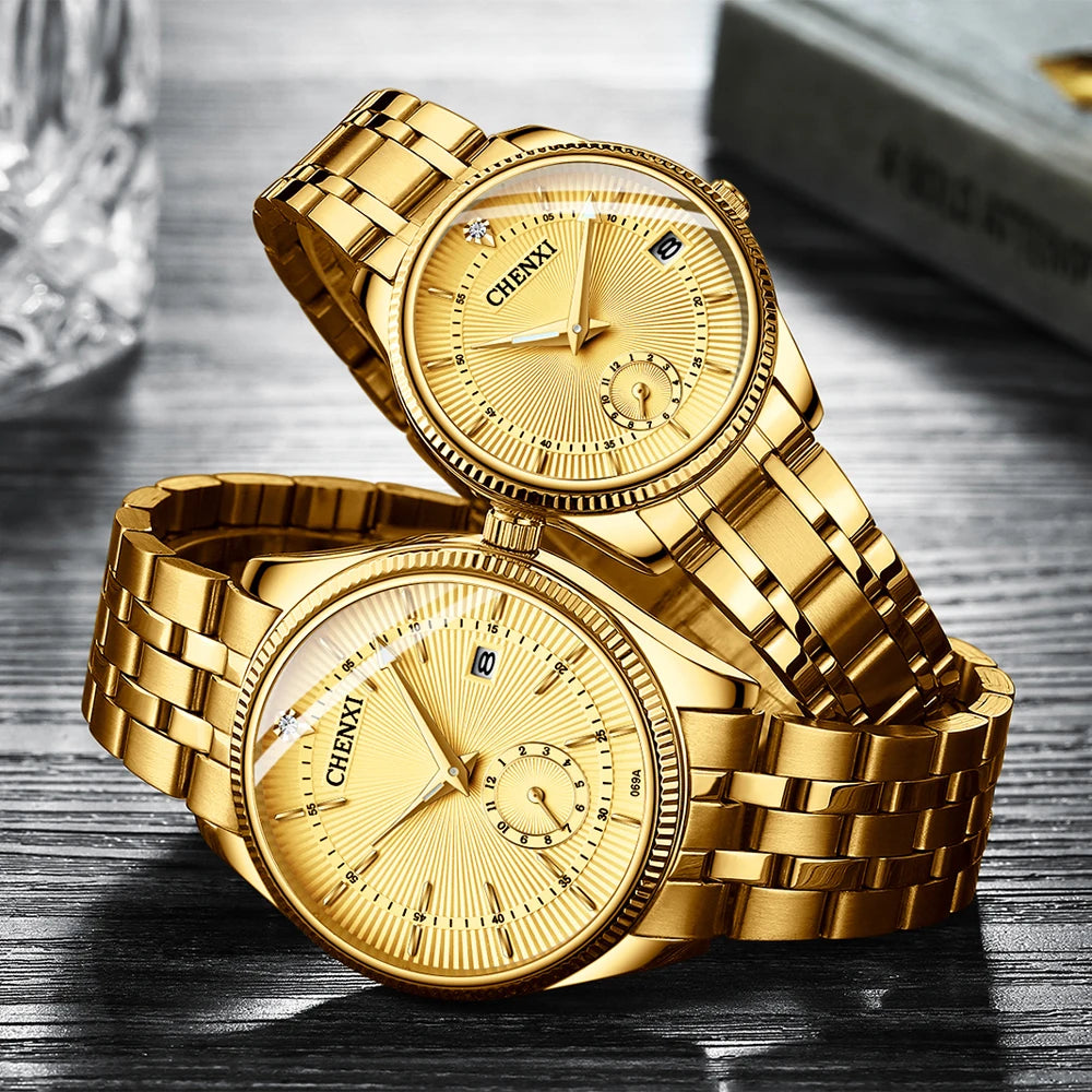 Reloj dorado de lujo para hombre, marca CHENXI, relojes de cuarzo de acero inoxidable para negocios, reloj de pulsera resistente al agua, reloj Masculino