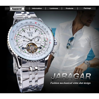 Reloj Mecánico Jaragar Classic Tourbillon para hombre, calendario automático blanco, esfera grande, banda de acero inoxidable, reloj de pulsera de piloto militar