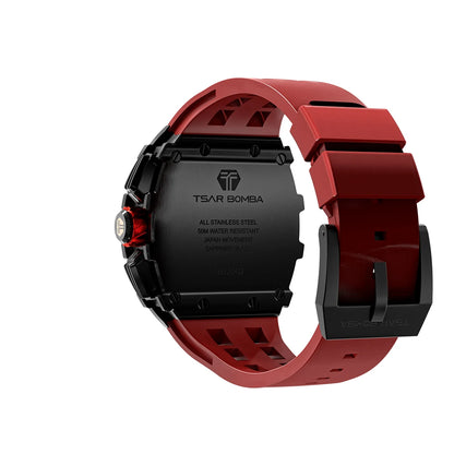 Relojes TSAR BOMBA Tonneau para hombre, reloj de pulsera rojo con cristal de zafiro, cronógrafo resistente al agua, reloj con fecha, regalo de Navidad de lujo para hombres