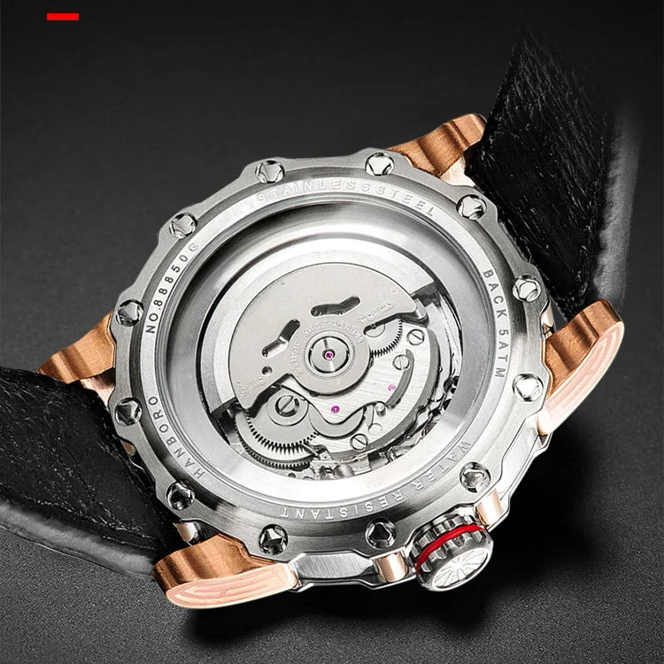 HANBORO Men Watch Luxury Mens Automatic Watches 50m Waterproof Luminous Mechanical Wristwatch Hollow Out Dial Leather Strap