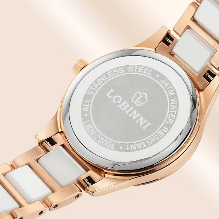 LOBINNI Women Quartz Watch Luxury Ladies Wristwatch Fashion Waterproof Sapphire Mirror Auto Date Austria Crystal Pearl Dial