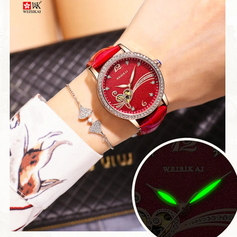 Relojes automáticos para mujer, moda de lujo con diamantes de imitación, marca WEISIKAI, manos luminosas, cara de amor hueca, reloj de pulsera mecánico para mujer 6022