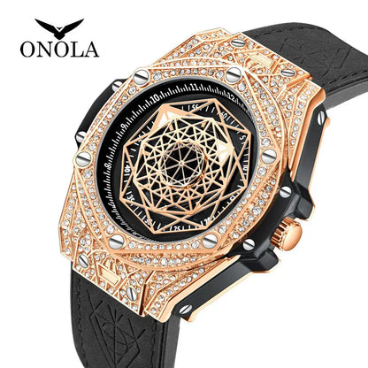 Top Luxury Brand Watch for Men Big Diamond Leather Analog fashion gold Watches Quartz Wristwatch Relogio Masculino