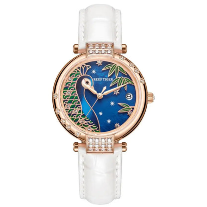 Reef Tiger/RT reloj dorado de lujo reloj automático con fecha y día reloj de cuero genuino resistente al agua reloj femenino RGA1587