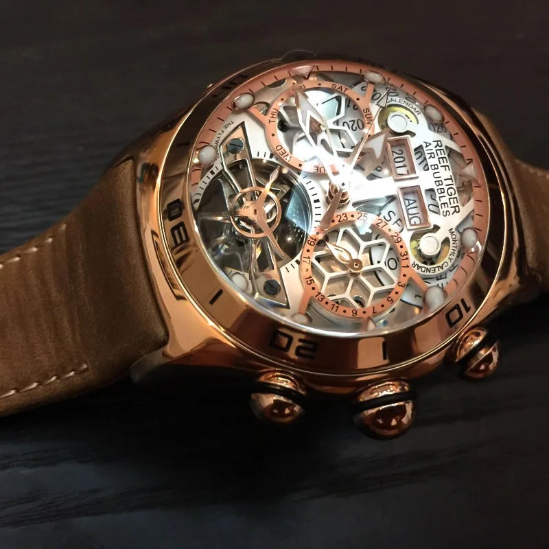 Reef Tiger relojes automáticos con mecanismo a la vista dorado rosa de lujo Tourbillon relojes con correa de cuero reloj deportivo resistente al agua para hombres RGA703