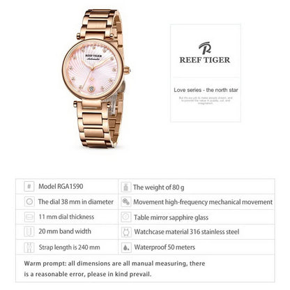 Reef Tiger-relojes automáticos para mujer, reloj de pulsera mecánico de lujo para mujer, reloj de vestir con correa de acero de zafiro RGA1590