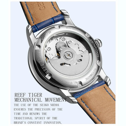 Reef Tiger Mens Automatic Watches Luxury Women Mechanical Wristwatch Waterproof Leather Strap Sapphire Skeleton Dial RGA1739