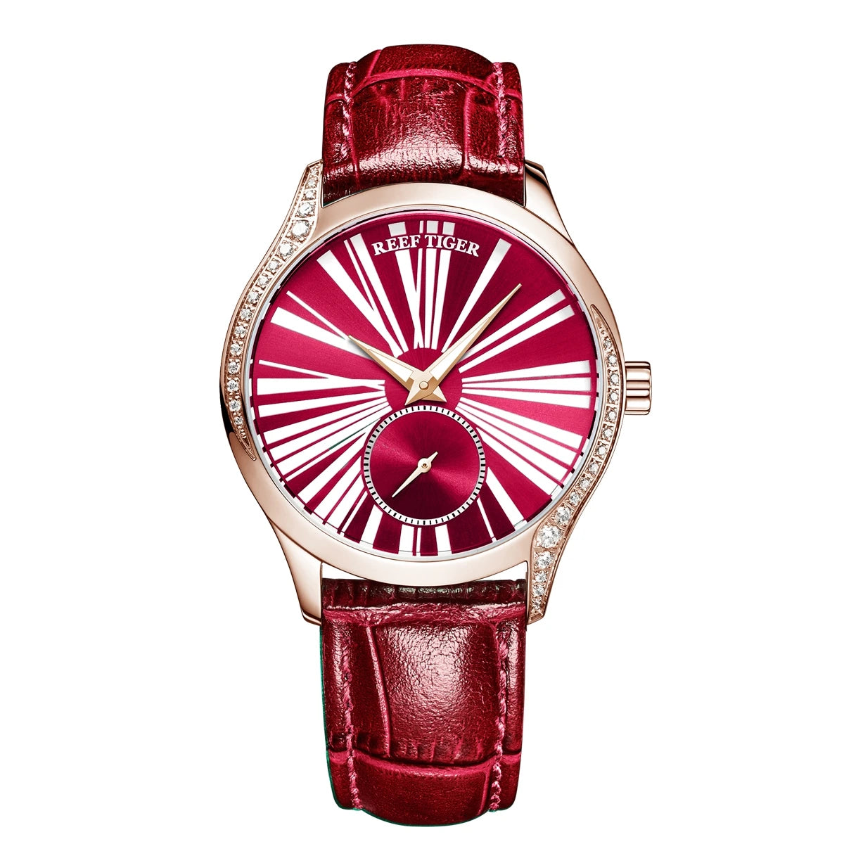 Reef Tiger-relojes automáticos para mujer, reloj de pulsera mecánico de lujo a la moda, con espejo de zafiro y diamante, correa de cuero RGA1561