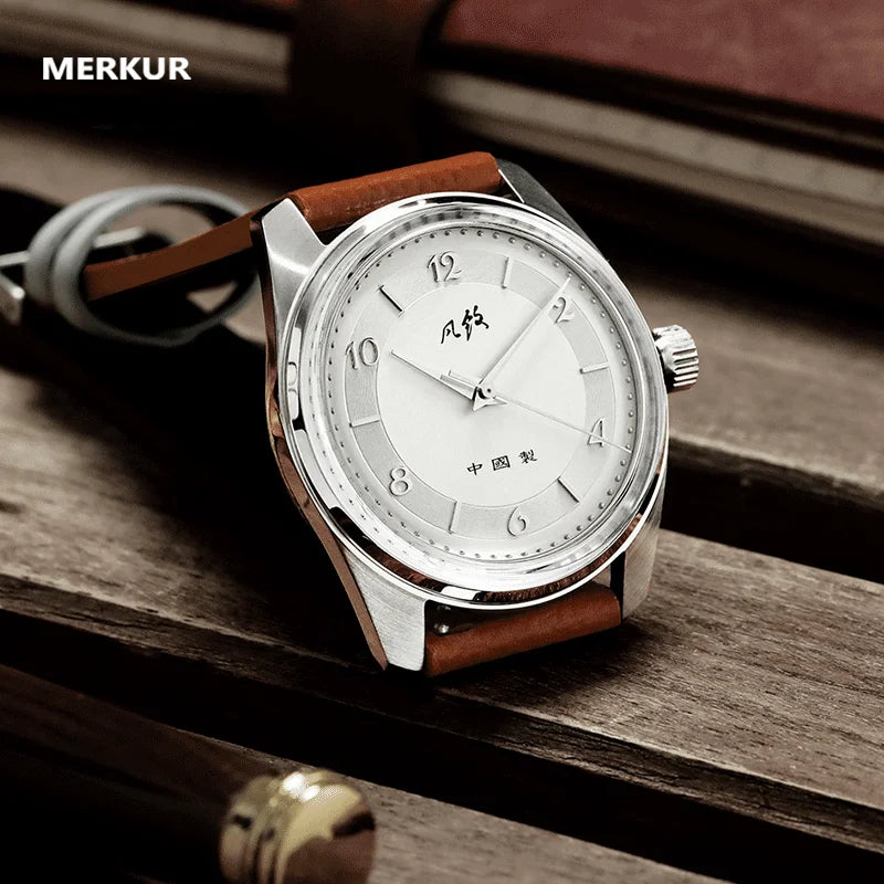 MERKUR Original chino, cuerda manual, esfera plateada mecánica, índice de plata, reloj de vestir Retro, reloj de cuero, mochilas de cuero