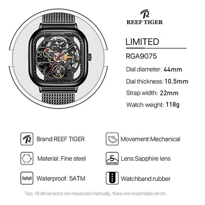 Reef Tiger Men's Automatic Watches - Luxury Fashion Mechanical Wristwatch with Skeleton Dial, Square Case, and Mesh Steel Strap (Model RGA9075)