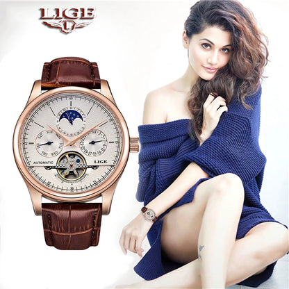 LIGE Brand Women Watch Automatic Mechanical Watch Tourbillon Fashion Clock Leather Casual Waterproof Wristwatch relogio feminino