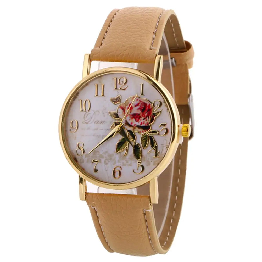 Reloj de pulsera de cuarzo con flor rosa y diámetro redondo para mujer, relojes elegantes con banda de piel sintética, número árabe, regalo de Navidad