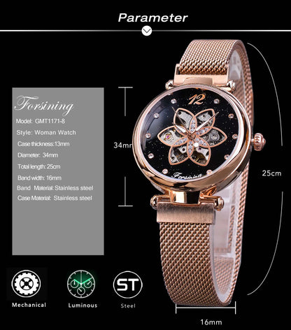 Forsining Ladies Watch Top Brand Luxury Female Watch Rose Gold Mesh Creative Diamond Flower Dial Mechanical Fashion Women Clock