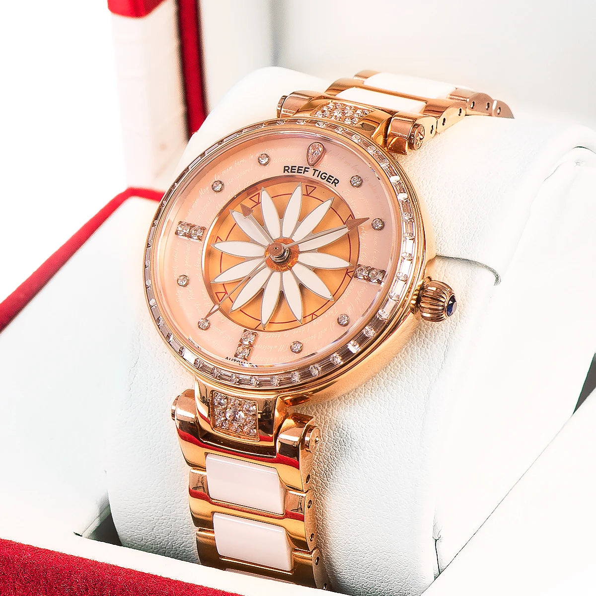 Reef Tiger/RT Luxury Lily Women Watch Rose Gold Diamonds Bezel  Top Brand Bracelet Clocks Relogio Feminino RGA1599