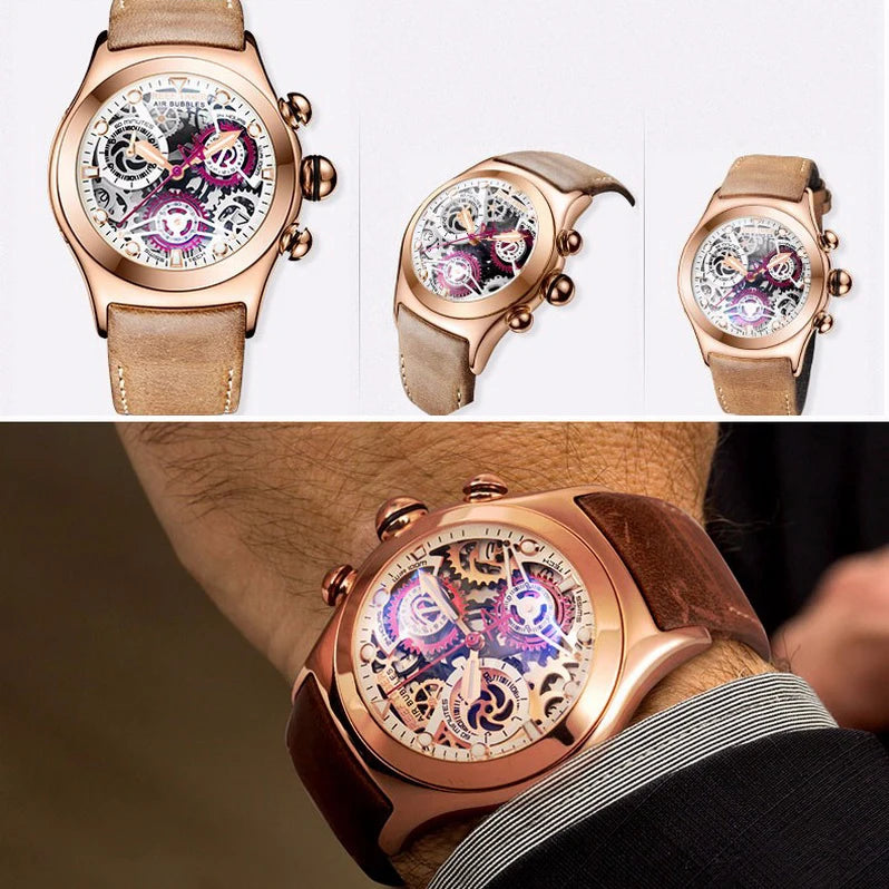 Reef Tiger Mens Chronograph Watches Men Fashion Watch Male Sport Quartz Wristwatch Luminous Skeleton Dial  Leather Strap RGA792