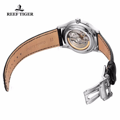 Reef Tiger-relojes automáticos para hombre, reloj de pulsera mecánico de lujo, resistente al agua, correa de cuero de reserva de energía de zafiro RGA1980