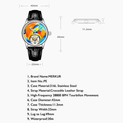 MERKUR Mens Tourbillon Watches Men Luxury Watch Mechanical Wristwatch Sapphie Waterproof Crocodile Leather Strap Graffiti Dial